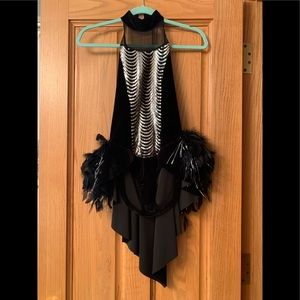 Black Velvet Silver Sequin High Neck Leotard Dance Costume Size XL Child w/ fan